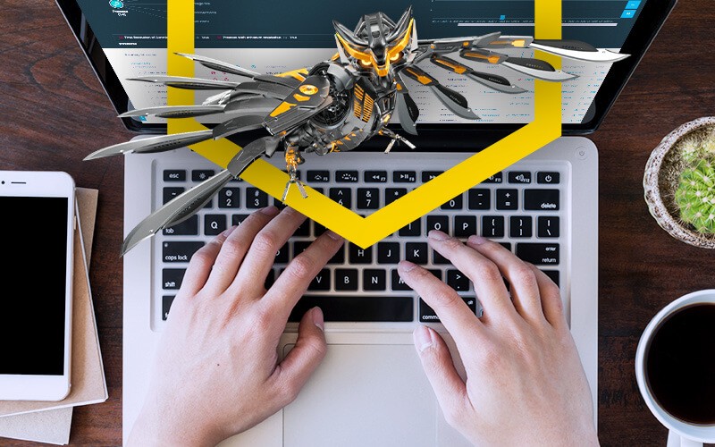 The fight againt ransomeware Close up hand typing with mechanical owl image