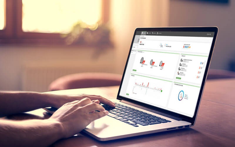 Person using a laptop with graphs showing