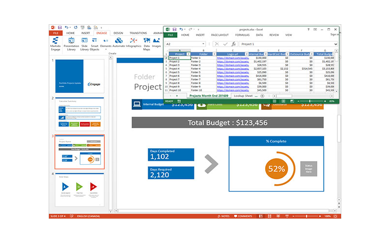 Markido Engage platform screenshot linking to Microsoft Excel and Project