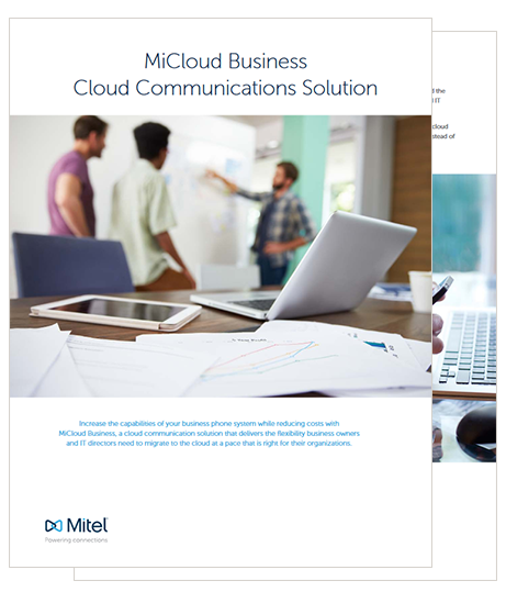 Cover and inside page of Mitel MiCloud Business Cloud Communications Solution brochure