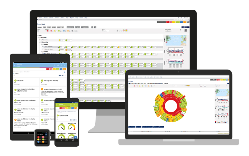 Paessler product software displayed on multiple devices including iOS, Andriod, and Windows devices